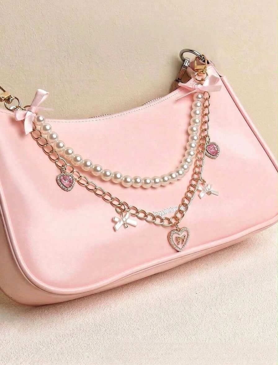 Pearls and Heart Charm Double Bag Chain