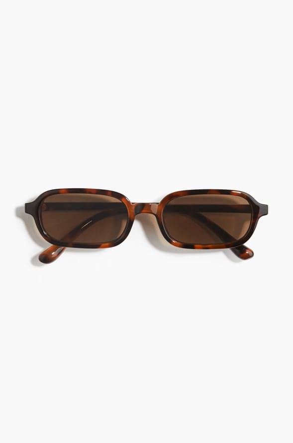 Brown Tortoiseshell Rectangular Sunglasses With Slim Frames And Dark Tinted Lenses